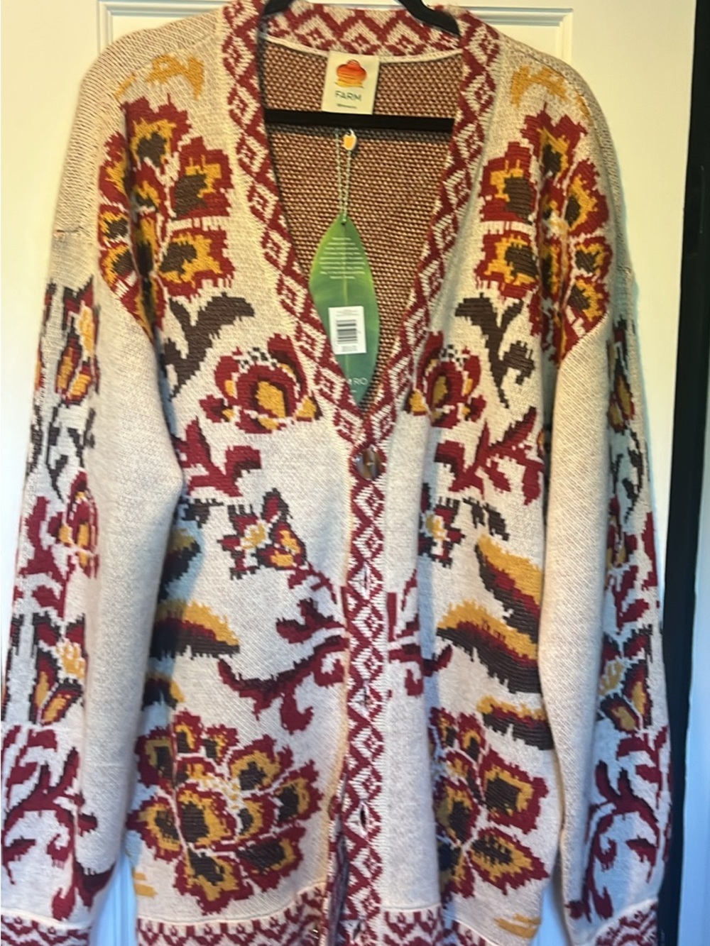FARM Rio Cream Cardigan with Red, Gold & Brown Floral Motif